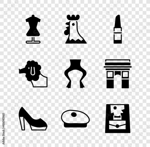 Set Mannequin, French rooster, Lipstick, Woman shoe, beret, Handbag, Poodle dog and Frog legs icon. Vector