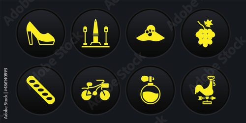 Set French baguette bread, Grape fruit, Bicycle, Perfume, Elegant women hat, Place De La Concorde, Rooster weather vane and Woman shoe icon. Vector
