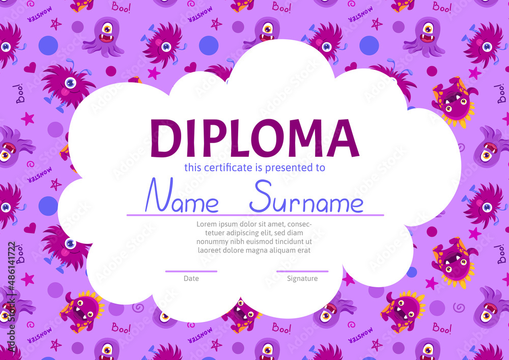 School diploma, certificate template with cute and funny monster characters. Cartoon vector illustration with smiling creatures