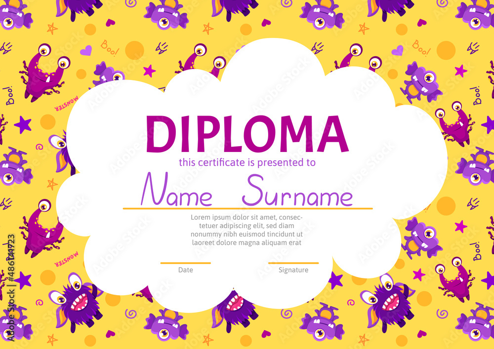 School diploma, certificate template with cute and funny monster characters. Cartoon vector illustration with smiling creatures School diploma, certificate template with cute and funny monster characters. Cartoon vector illustration with smiling creatures