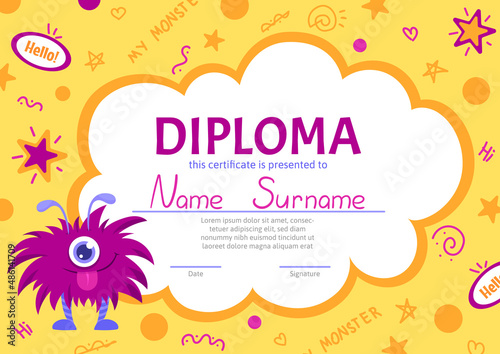 Colorful school and preschool diploma certificate for kids and children in kindergarten or primary grades with cute and kind monsters. Vector cartoon flat illustration