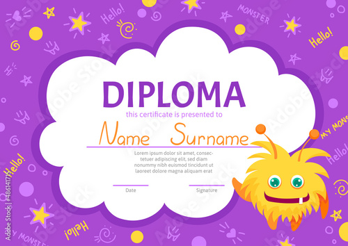 Colorful school and preschool diploma certificate for kids and children in kindergarten or primary grades with cute and kind monsters. Vector cartoon flat illustration