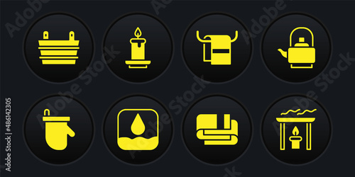 Set Sauna mittens, Kettle with handle, Water drop, Towel stack, on hanger, Aroma candle, and bucket icon. Vector