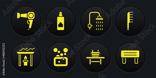 Set Aroma candle, Hairbrush, Bar of soap, Sauna bench with bucket, Shower, Spray for hairspray, wood and dryer icon. Vector
