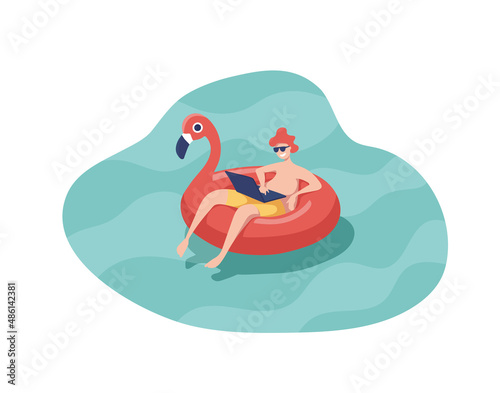 Man with laptop swiming on inflatable ring in the shape of a pink flamingo floating in the pool.