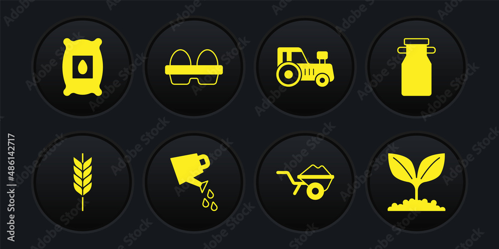 Set Wheat, Can container for milk, Watering can, Wheelbarrow with dirt, Tractor, Chicken egg box, Plant and Pack full of seeds of plant icon. Vector Set Wheat, Can container for milk, Watering can, Wheelbarrow with dirt, Tractor, Chicken egg box, Plant and Pack full of seeds of plant icon. Vector