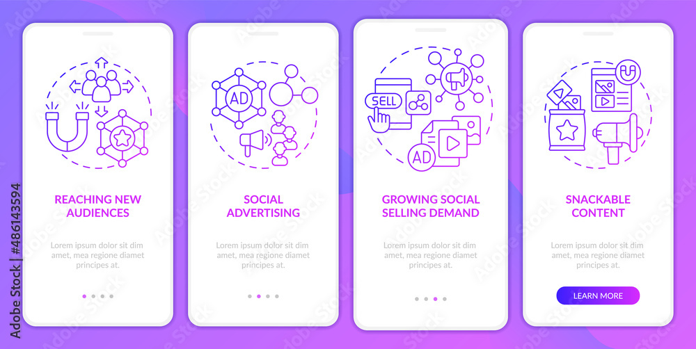 SMM marketing trends purple gradient onboarding mobile app screen. Ads walkthrough 4 steps graphic instructions pages with linear concepts. UI, UX, GUI template. Myriad Pro-Bold, Regular fonts used
