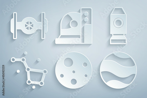 Set Planet Mars, Rocket ship, Great Bear constellation, Astronaut helmet and Cosmic icon. Vector