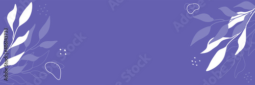 Botanical background in Very Peri color. Spring or summer banner with branches and leaves, abstract elements