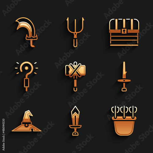 Set Medieval axe  Sword for game  Quiver with arrows  Dagger  Witch hat  Magic wand  Chest and icon. Vector