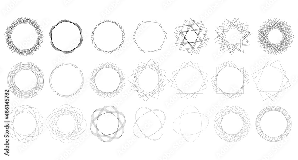 Big spirograph set. Set of abstract figures for text, web, logo, business, typography. Modern circular pattern with abstract figures. Collection of abstract circular, rectangular figures isolated.