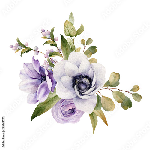 Watercolor flowers garden bouquet. Hand painted botanical illustration with purple flowers isolated on white background. Floral composition for you design
