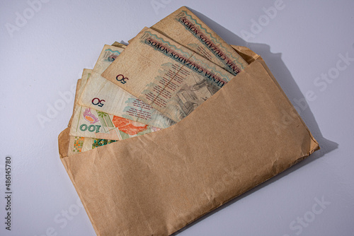 old brazilian money, cruzeiros in a brown envelope, Brazil	 photo