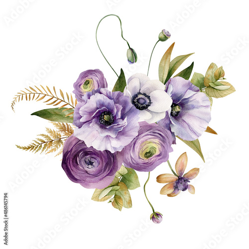 Watercolor flowers garden bouquet. Hand painted botanical illustration with purple flowers isolated on white background. Floral composition for you design
