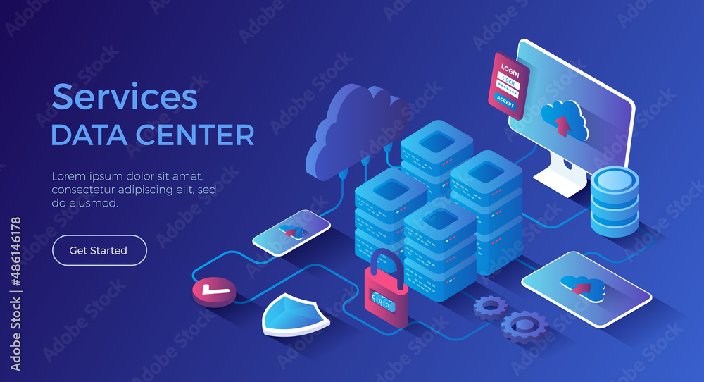 Data Center Cloud Services Information processing, hosting, provider, storage, networking, management and distribution of data. Server racks, database, cloud. Isometric landing page.Vector web banner. Data Center Cloud Services Information processing, hosting, provider, storage, networking, management and distribution of data. Server racks, database, cloud. Isometric landing page.Vector web banner.