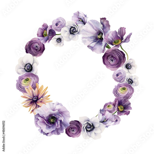 Watercolor flower wreath. Spring wreath with purple buttercups  anemones and poppies. Greeting for wedding template for you design