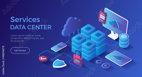 Data Center Cloud Services Information processing, hosting, provider, storage, networking, management and distribution of data. Server racks, database, cloud. Isometric landing page.Vector web banner.