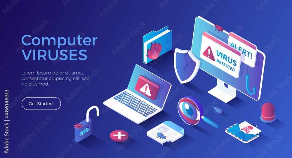 Computer Viruses. Errors detected, alert messages, bugs, open lock, infected files, broken shield. Monitor and laptop with alert messages. Isometric landing page. Vector web banner. Computer Viruses. Errors detected, alert messages, bugs, open lock, infected files, broken shield. Monitor and laptop with alert messages. Isometric landing page. Vector web banner.