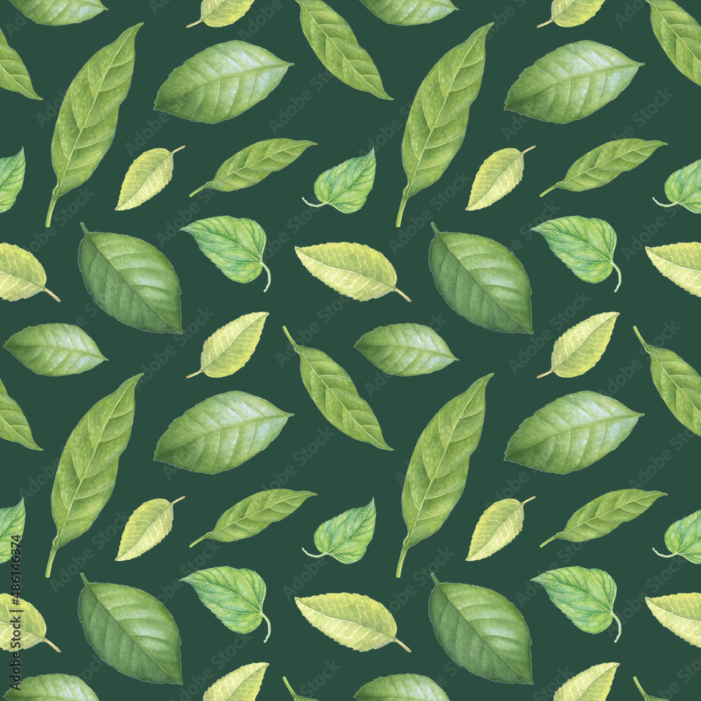Seamless pattern with green watercolor leaves. Textile fabric, wrapping paper backdrop layout.