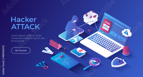 Hacker Attack. Hacker steal credit card. Thief fishing personal information on laptop. Virus, spam and security. Hacking concept. Isometric landing page. Vector web banner. photo