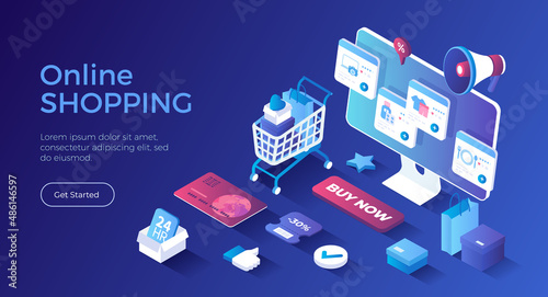 Online shopping, internet retail. Buying payment online. Application service website banking. Online store cart, credit card, megaphone, discount, sale. Isometric landing page. Vector web banner.