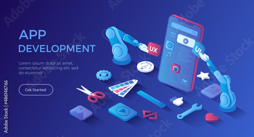 Mobile APP Development UI UX Design, SEO Optimization. Adaptive layout application web interface on smartphone screen. Isometric landing page. Vector web banner.