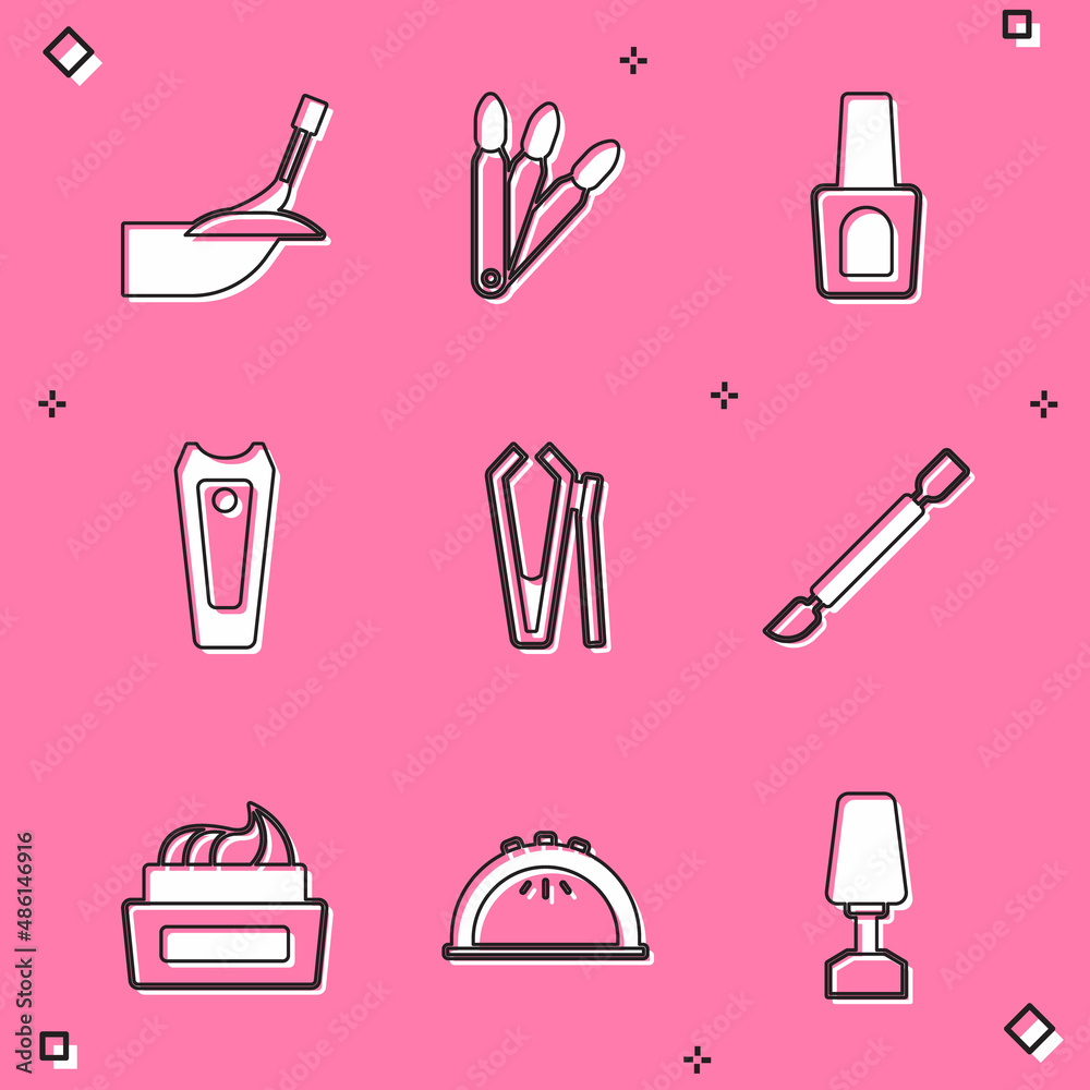 Set Manicure, False nails, Bottle of polish, Nail cutter, Cuticle pusher, and lamp icon. Vector Set Manicure, False nails, Bottle of polish, Nail cutter, Cuticle pusher, and lamp icon. Vector
