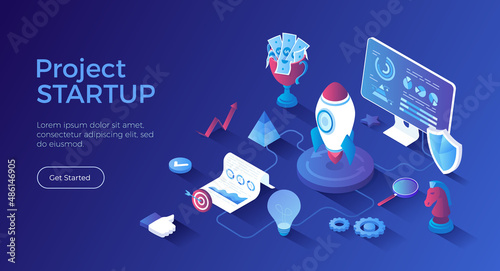 Project Startup. Preparing to launch a new successful project. Idea, analysis, planning, strategy and success. Isometric landing page. Vector web banner.