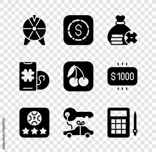 Set Lucky wheel, Coin money with dollar, Money bag, Online poker table game, Car gift, Bingo card, and Slot machine cherry icon. Vector