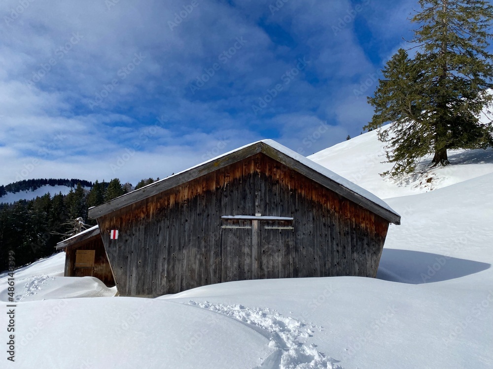 Idyllic Swiss alpine mountain huts dressed in winter clothes and in a fresh snow cover on slopes on the Alpstein mountain range - Mountain pass Schwägalp, Switzerland (Schweiz)