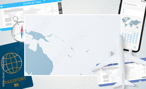 Journey to Vanuatu, illustration with a map of Vanuatu. Background with airplane, cell phone, passport, compass and tickets.
