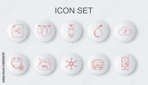 Set line Hard disk drive on sharing network, Financial calendar, Aviation bomb, Car, Share file, bombs, Methane emissions reduction and Network icon. Vector