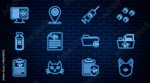 Set line Dog, Medical veterinary record folder, Syringe with pet vaccine, certificate for dog cat, Pets vial medical, Clinical on monitor, and Location icon. Vector