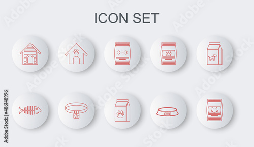Set line Bag of food for cat, Fish skeleton, pet, Pet bowl, Dog house, and paw print, collar and icon. Vector