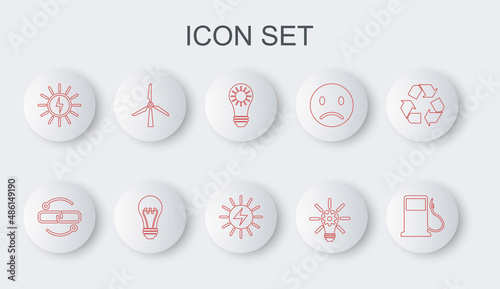 Set line Petrol or Gas station, Chain link line, Solar energy panel, Light bulb with gear, Wind turbine, and icon. Vector