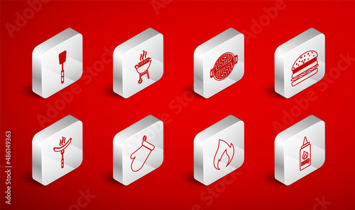 Set line Ketchup bottle, Barbecue grilled shish kebab, with sausage, Burger, Fire flame, spatula, Oven glove and Sausage on the fork icon. Vector