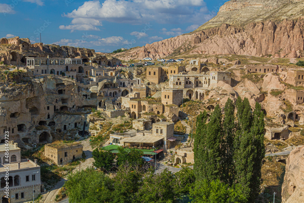 View of Cavusin cave village in Cappadocia, Turkey