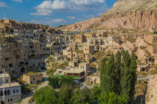 View of Cavusin cave village in Cappadocia, Turkey