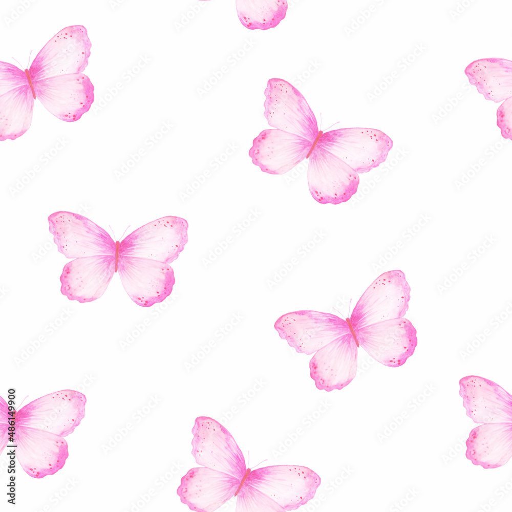 Seamless pattern with pink
butterflies on white background,
 watercolor