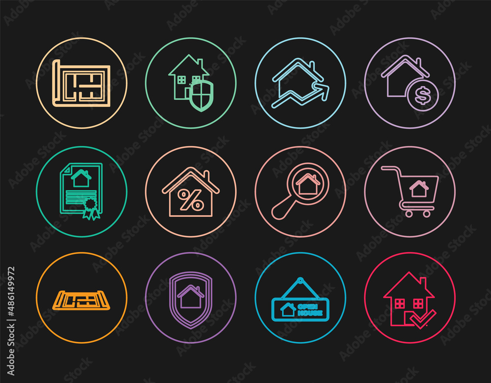 Set line House with check mark, Shopping cart house, Rising cost of housing, percant, contract, plan, Search and under protection icon. Vector Set line House with check mark, Shopping cart house, Rising cost of housing, percant, contract, plan, Search and under protection icon. Vector