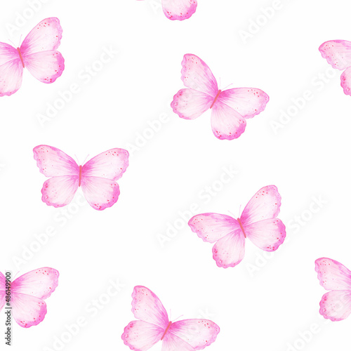 Seamless pattern with pink butterflies on white background,  watercolor © Olivia Stl 