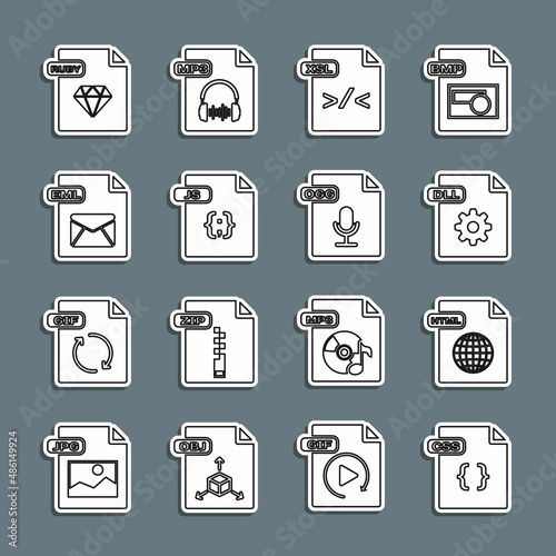 Set line CSS file document, HTML, DLL, XSL, JS, EML, RUBY and OGG icon. Vector