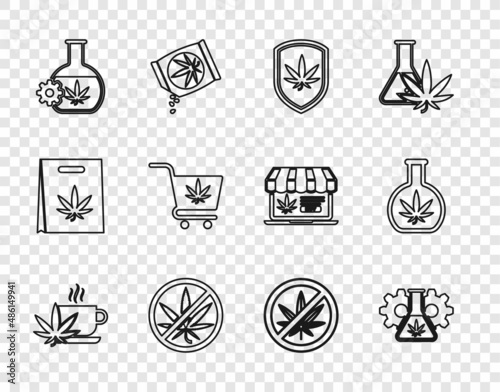 Set line Cup tea with marijuana, Test tube, Shield and, Stop, Shopping cart, and icon. Vector
