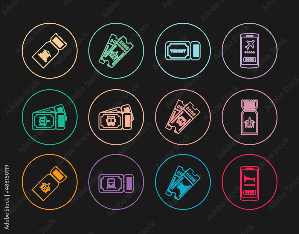 Set line Online hotel booking, Airline ticket, Ticket, Bus, Museum, and icon. Vector Set line Online hotel booking, Airline ticket, Ticket, Bus, Museum, and icon. Vector