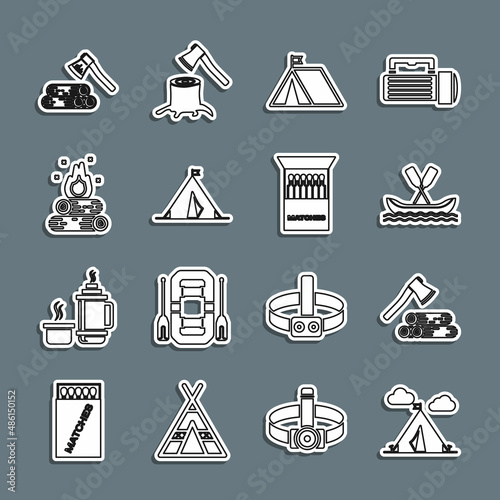 Set line Tourist tent with flag, Wooden axe and wood, Rafting boat, Campfire, and Open matchbox matches icon. Vector