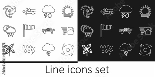 Set line Tornado, swirl, Cloud with rain and lightning, Cone windsock wind vane, snow, rain, moon, Wind and icon. Vector