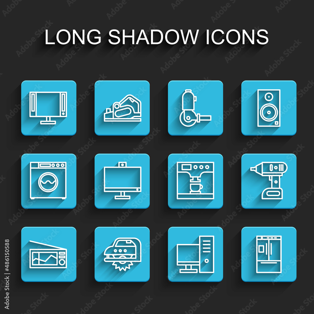 Set line Radio, Electric circular saw, Smart Tv, Computer monitor, Refrigerator, cordless screwdriver and Coffee machine and cup icon. Vector Set line Radio, Electric circular saw, Smart Tv, Computer monitor, Refrigerator, cordless screwdriver and Coffee machine and cup icon. Vector