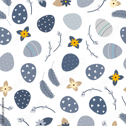 Vector illustration of blue seamless background of eggs and flowers and pussy willow on white surface