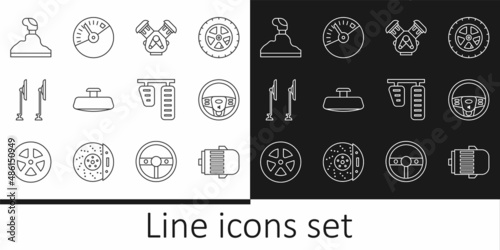 Set line Electric engine, Steering wheel, Car, mirror, Windscreen wiper, Gear shifter, gas and brake pedals and Speedometer icon. Vector