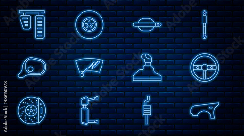 Set line Car fender, Steering wheel, door handle, Windscreen wiper, mirror, gas brake pedals, Gear shifter and disk icon. Vector
